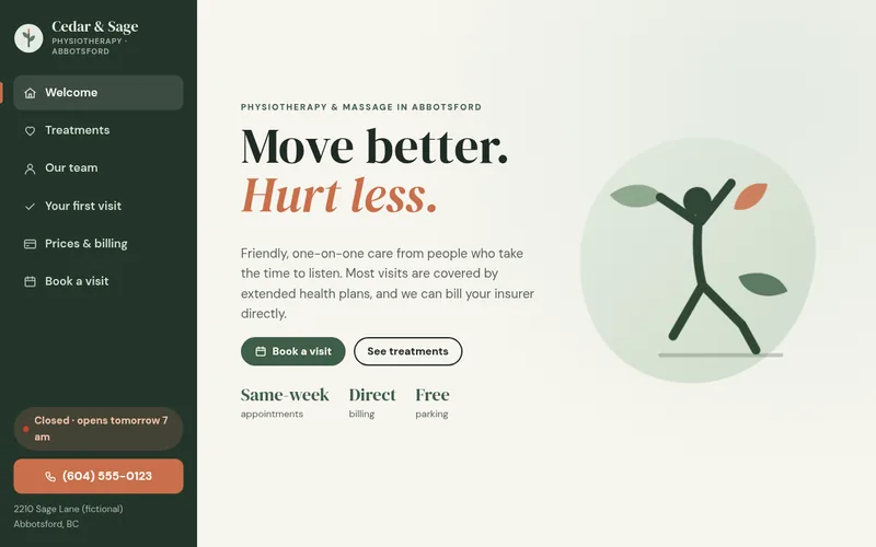 Preview of the Cedar & Sage Physiotherapy sample website