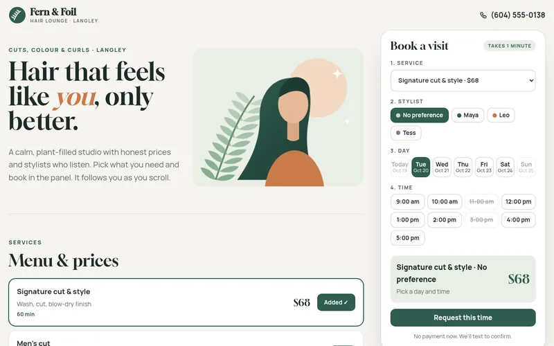 Preview of the Fern & Foil Hair Lounge sample website