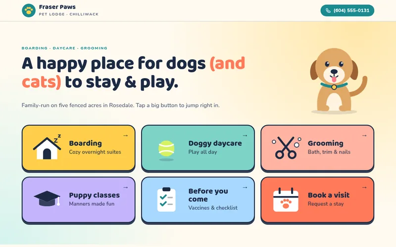 Preview of the Fraser Paws Pet Lodge sample website