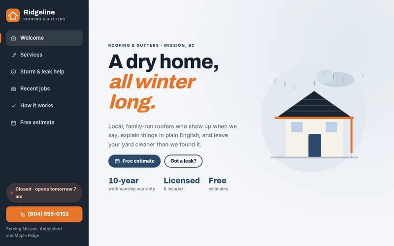 Preview of the Ridgeline Roofing & Gutters sample website